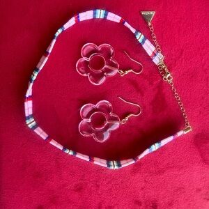 Urban Outfitters Pink Multicolor Beaded Choker with Clear Flower Earrings